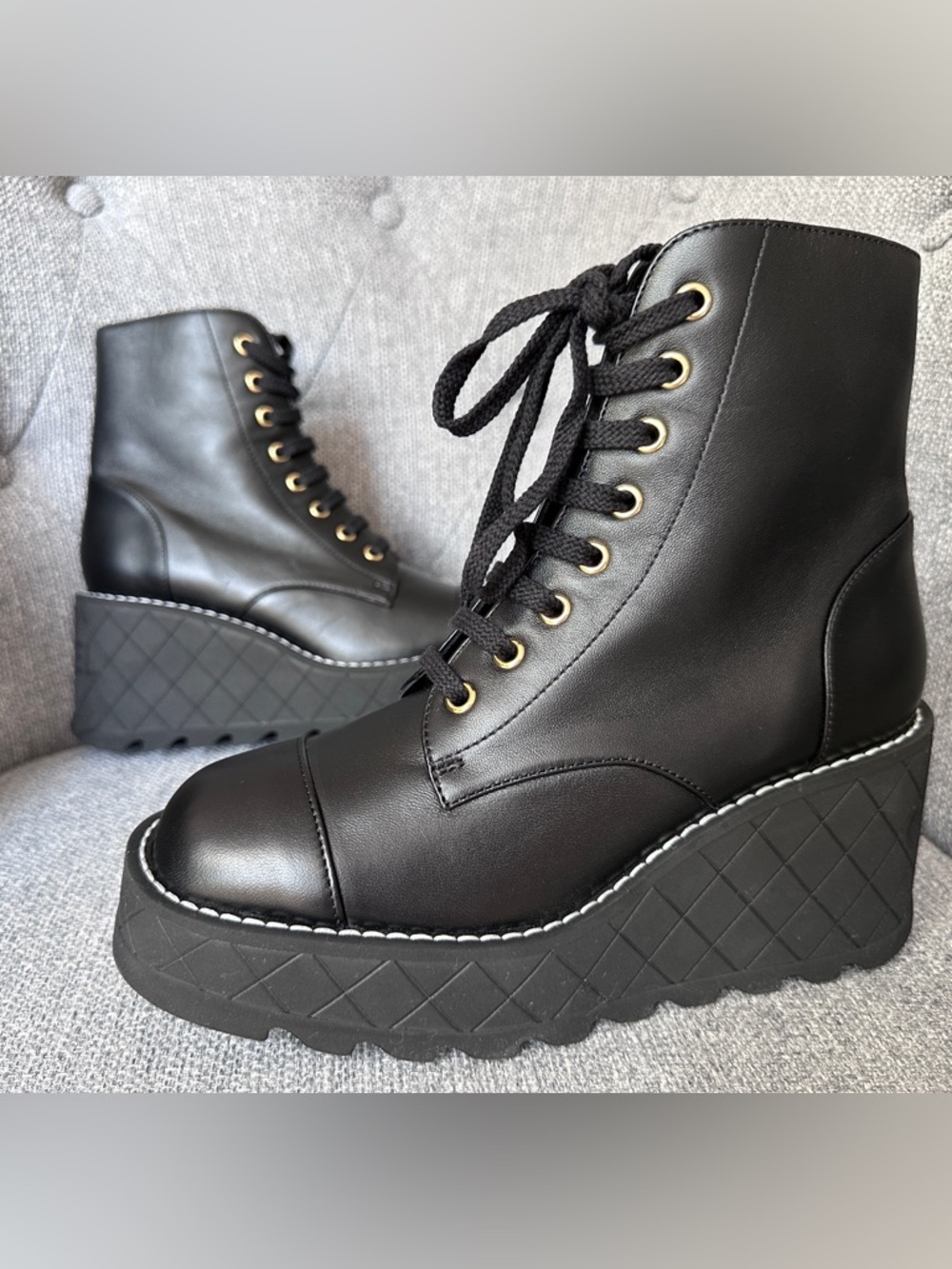 Chanel LIGHT Platform Wedge Combat BLACK Lambskin LEATHER Ankle Boots 36.5C NEW